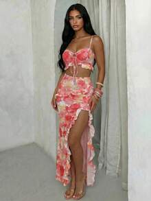 Glamine Sexy Beach Pink Camisole & Mini Skirt 2 Pieces Set - Watermelon Pink - View 1