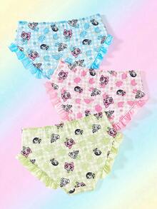 THE POWERPUFF GIRLS X SHEIN 3 chiếc quần lót nữ in hình hoạt hình kẻ caro dễ thương, có bèo nhún. - Nhiều màu - Xem 2