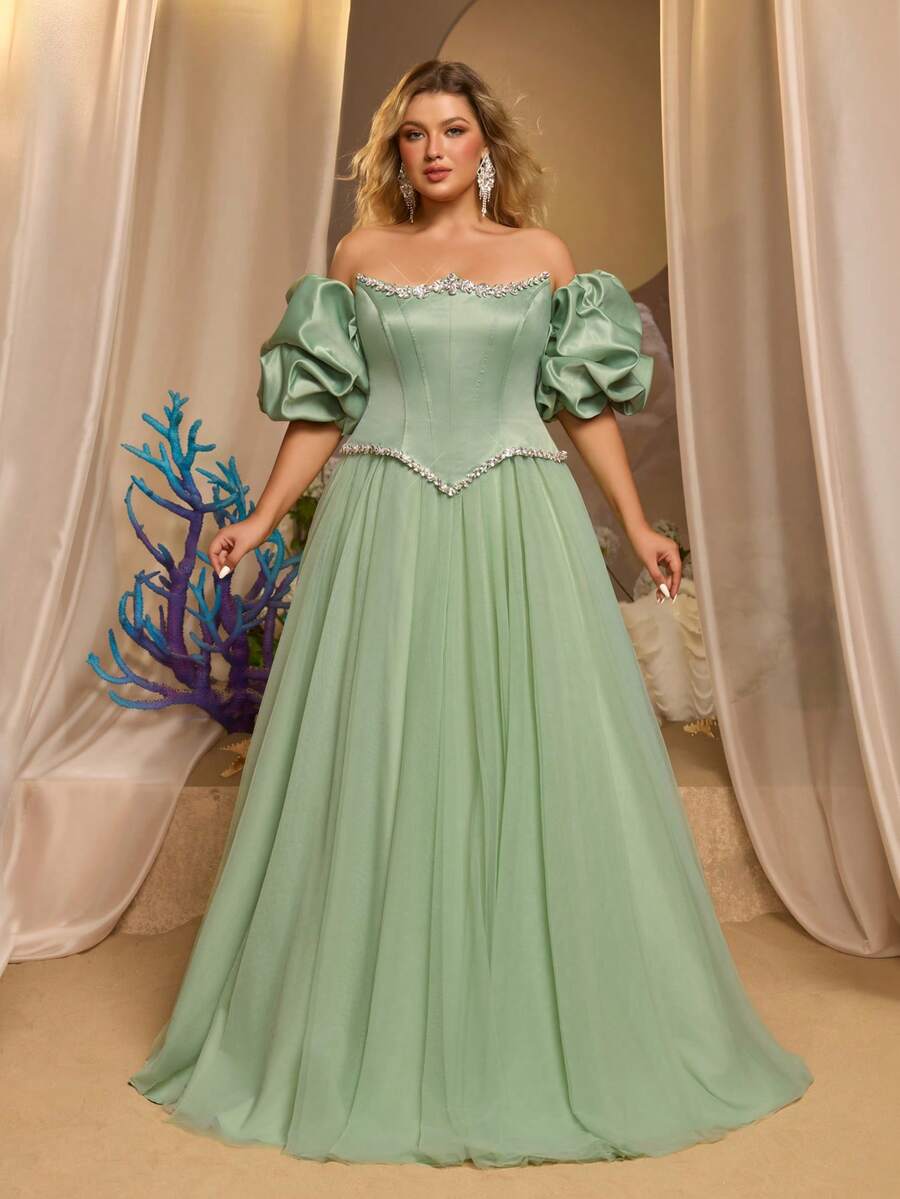 Glamrae Đầm dạ hội cỡ lớn màu xanh lá nhạt, chất liệu chiffon satin phối nhiều mảnh, kiểu đuôi cá, sang trọng, đính pha lê, phong cách cổ điển lãng mạn (kèm khăn choàng 3D). - Màu xanh Bạc hà - Xem 1