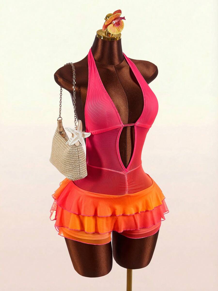 Amplova Bộ jumpsuit nữ thời trang quyến rũ màu ombre bèo nhún cổ yếm cho mùa hè - trái cam - Xem 1