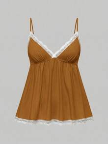 ROMWE Set Piyama Kasual Berbahan Camisole dan Celana Pendek dengan Motif Renda Bergaris - Coklat - View 7