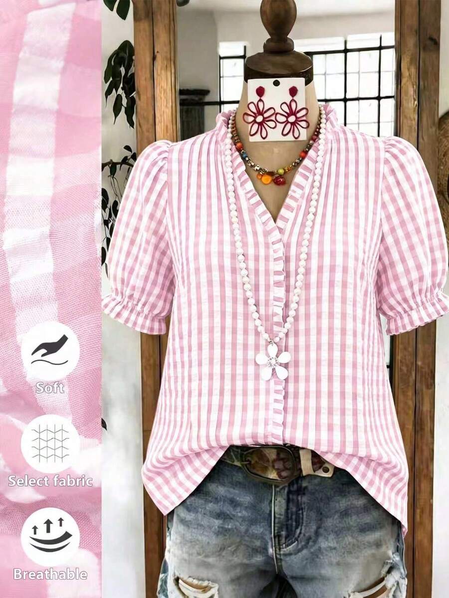 Linhara Plaid Ruffle V-Neck Blouse For Women, Puff Sleeve Casual Top, Plus Size Summer New Arrival - Pink - View 1