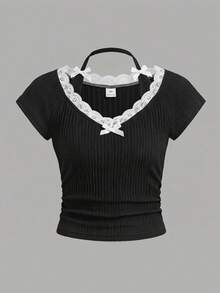 SHEIN Girlism Áo thun ngắn tay ôm sát, co giãn, màu trơn, cổ chữ V, viền ren, trang trí nơ ruy băng, dành cho bé gái tuổi teen, màu đen, kiểu Y2K. - màu đen - Xem 2