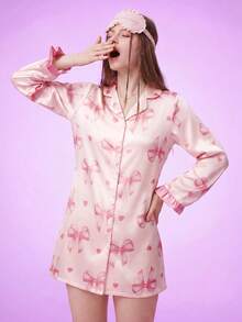 Notgurli Faux Silk Bow Print Collared Sleep Dress, Luxe Loungewear, Moo Moo, Fall, Winter - Pink - View 1