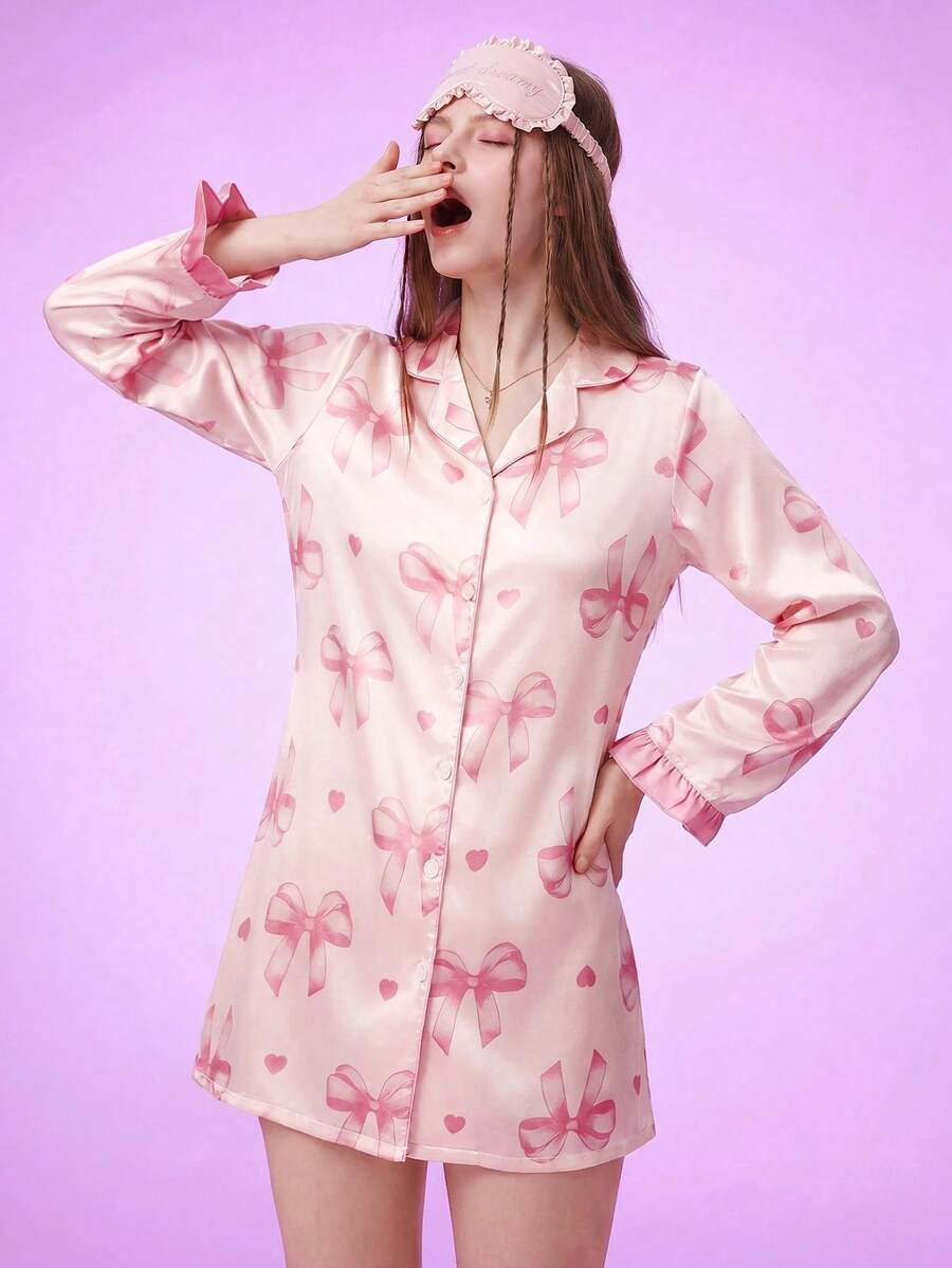 Notgurli Faux Silk Bow Print Collared Sleep Dress, Luxe Loungewear, Moo Moo, Fall, Winter - Pink - View 1