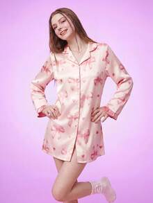 Notgurli Faux Silk Bow Print Collared Sleep Dress, Luxe Loungewear, Moo Moo, Fall, Winter - Pink - View 5