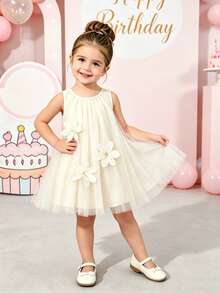 SHEIN Glamorique Kids Baby Mädchen Süßer, traumhafter Tüllkleid, zarte 3D Blumen Dekoration, geeignet für Ausflüge, Urlaub, Fotoshootings, verschiedene Anlässe, Sommerkleid, Hochzeit, Party - Aprikosenfarben - Übersicht 4