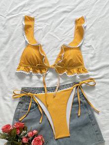 Swim Mod 女款甜美可愛格紋印花荷葉邊白色蕾絲比基尼上衣與側綁三角泳褲休閒海灘度假泳裝套裝 - 橘色 - 查看 3