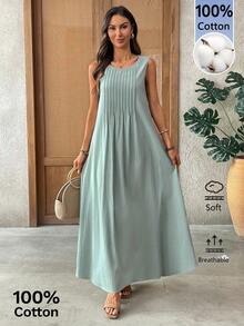 EMERY ROSE Đầm không tay xếp ly màu trơn dành cho nữ, đầm đi nghỉ mát 100% cotton, đầm maxi cotton kiểu Ý, đầm đi nghỉ mát 100% cotton, đầm hè cho nữ - màu xanh lá - Xem 5