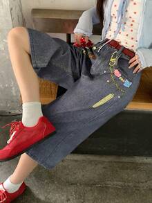 TOM AND JERRY X DAZY Quần short denim ống rộng dáng suông, in họa tiết, có túi xéo, dành cho nữ. - Màu xanh lam - Xem 6