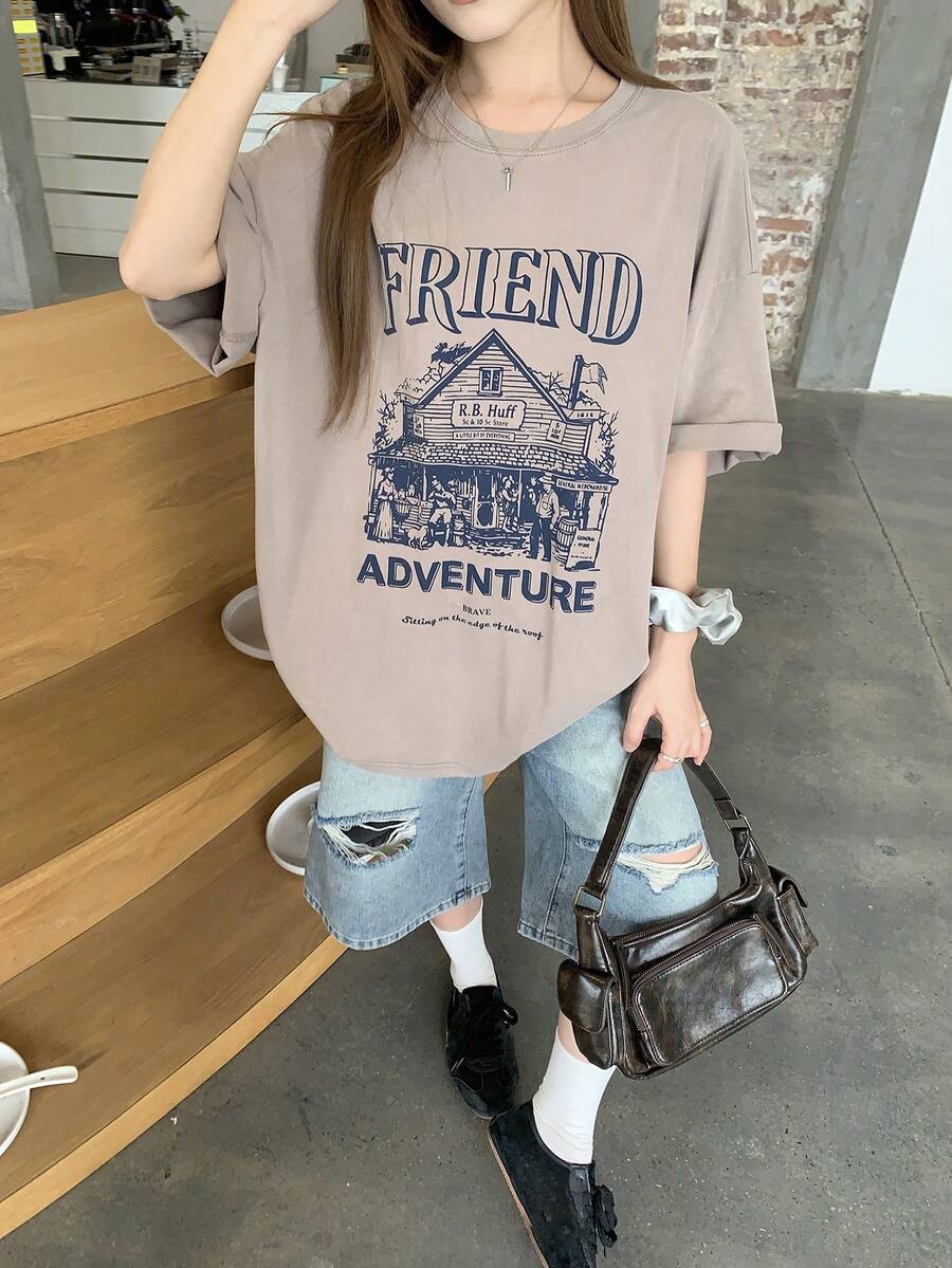 DAZY Women's Round Neck Printed Short Sleeve Casual Street T-Shirt - Khaki - View 1