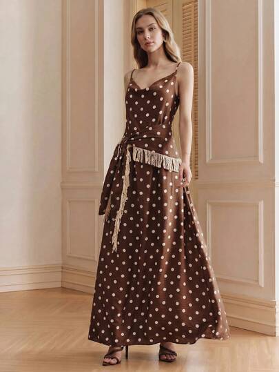 Anewsta Vestido longo feminino elegante para festa, estilo boêmio retrô, com estampa de bolinhas, alças finas e detalhe de franjas.