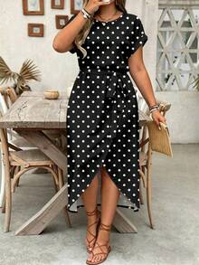 EMERY ROSE Plus Size Women Casual Polka Dot Print Slit Hem Round Neck Dress - Multicolor - View 3