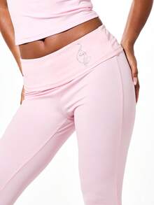 BABYPHAT Fold Over Waist Flare Leggings With Rhinestone Logo Detail Low Rise Bell Bottom Full Length Pants - Baby Pink - View 4