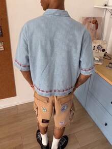 STEELVANCE Áo sơ mi denim ngắn tay nam tay ngắn, thêu họa tiết sọc xanh dương, phong cách đường phố thường ngày. - Rửa nhẹ - Xem 2