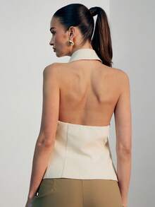 Hauture Women's Sexy Casual Office Collared Sleeveless Blazer Vest Shirt Top, Old Money, Sophisticated Top, Work, Brunch, Baby Showers, Dates, Wedding - Apricot - View 2