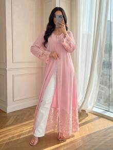 Yasmyna 女士纯色撞色蕾丝优雅长袍 - 粉色 - 查看 4