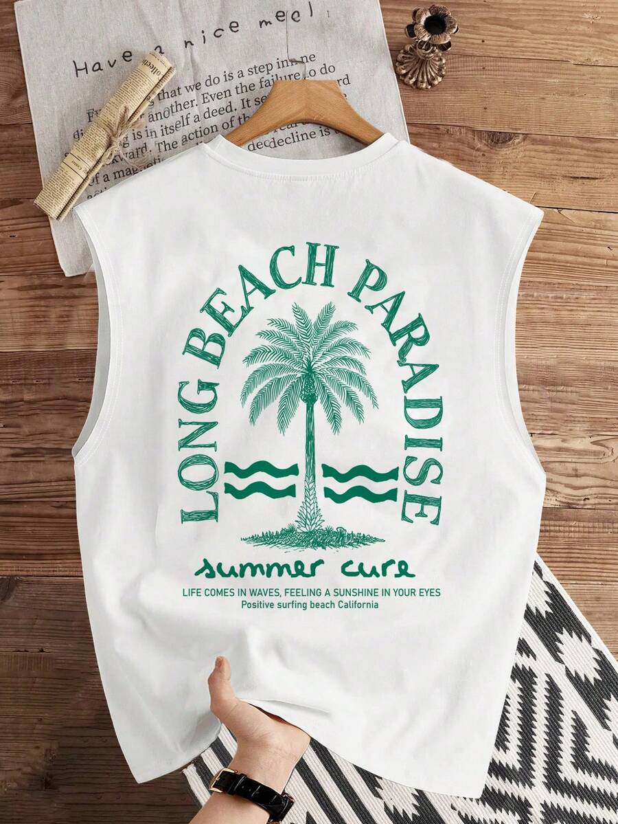 Manfinity Joysei Áo tank top nam màu trắng, kiểu dáng thường ngày, họa tiết cây dừa, thích hợp cho mùa xuân/hè. - trắng - Xem 1