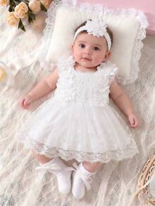 2 piezas Conjunto de vestido elegante para bebé niña recién nacida | Encaje blanco + Falda de tul con decoración floral 3D, estilo dulce y delicado adecuado para fiesta, sesión de fotos, ocasiones festivas, suave y cómodo, artículo de regalo encantador - Blanco - Ver 2