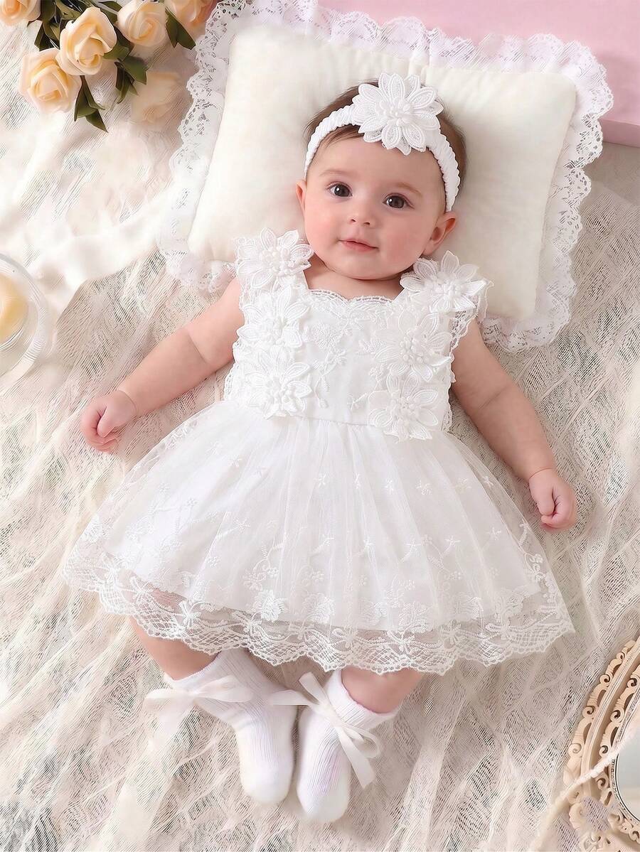 2 piezas Conjunto de vestido elegante para bebé niña recién nacida | Encaje blanco + Falda de tul con decoración floral 3D, estilo dulce y delicado adecuado para fiesta, sesión de fotos, ocasiones festivas, suave y cómodo, artículo de regalo encantador