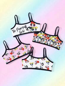 THE POWERPUFF GIRLS X SHEIN 4pcs Tween Girls Contrast Trim Spaghetti Strap Comfortable Camisole Set - Pink - View 1