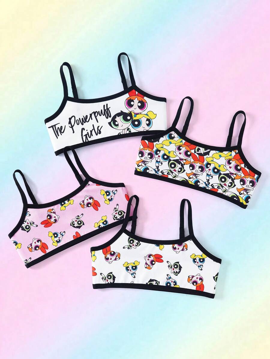 THE POWERPUFF GIRLS X SHEIN 4pcs Tween Girls Contrast Trim Spaghetti Strap Comfortable Camisole Set - Pink - View 1