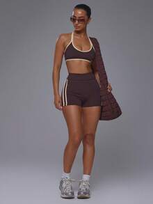 Musera Sport Foldover Stripe Side Low Rise Fitted Soft Touch Active Mini Shorts Coord Bottoms Only  Sport Workout Gym Cute Pilates Fitness Daily - Mocha Brown - View 2