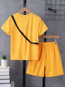 3pcs/Set Boys' Letter Print T-Shirt, Cargo Shorts With Pocket & Mini Crossbody Bag, Fashionable Outfit For Outdoor Activities In Spring/Summer - Yellow - View 2