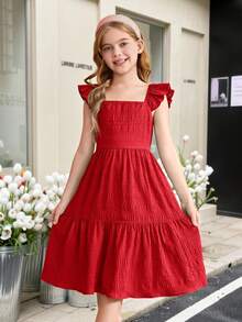SHEIN Tween Girls' Ruffled Sleeve Open Back Bow Decor Square Neck Textured Dress,Kids - Red - View 2