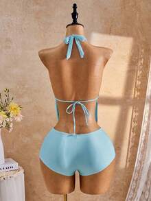 Bellisia 26SS Spring/Summer Vacation Beach Holiday Vacation Rhinestone Butterfly Print Halter Tankini Set Light Blue Tropical - Baby Blue - View 2