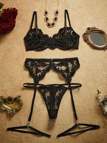 PinupPomp 5pcs/Set Women's Embroidery Mesh Sexy Lingerie Set For Going Out - Black - View 2