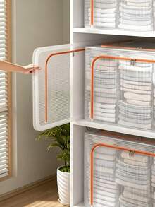 1 Set Of 66L Transparent PVC Storage Box, Large Waterproof Household Steel Frame Box For Storing Clothes, Blankets, Organizing Box, Foldable Wardrobe Storage Box - White - View 2