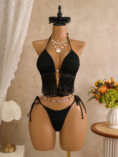 Bellisia 2pcs/Set Women's Camisole Strap Bikini, Mesh Flounce Bikini, Summer Beach Swimwear