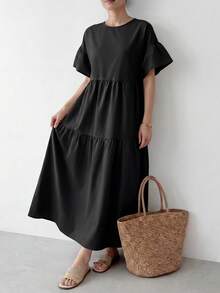 EMERY ROSE Women's Solid Color Round Neck Ruffle Hem Long Sleeve Dress Vacation Black Summer Casual - Black - View 4