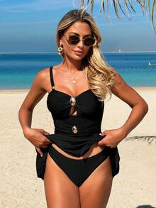 Swim Lushoire Women's Solid Color Spaghetti Strap Sexy Hollow Out Beach Dress For Summer - Black - View 4