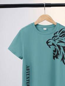 SHEIN 2pcs Tween Boys' Casual Lion Graphic T-Shirt And Shorts Set, Summer Loungewear - Green - View 5