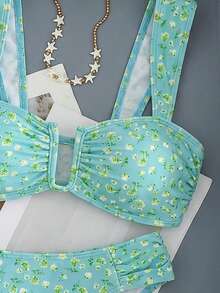 Swim Mod 女款新款圓點印花寬肩帶U領比基尼套裝，短版上衣與高衩比基尼泳褲，性感夏季泳裝 - 綠色 - 查看 3