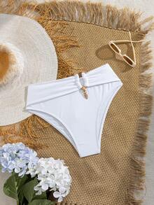 Oceva Women's Summer Vacation Beach Ruched Metal Decor Triangle Bikini Bottom - White - View 4