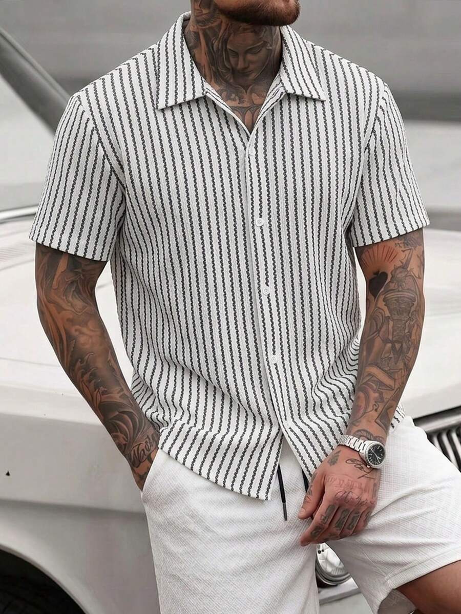 EGENSIO Men's Black & White Striped Simple Daily Short Sleeve Shirt, Summer - Black and White - View 1