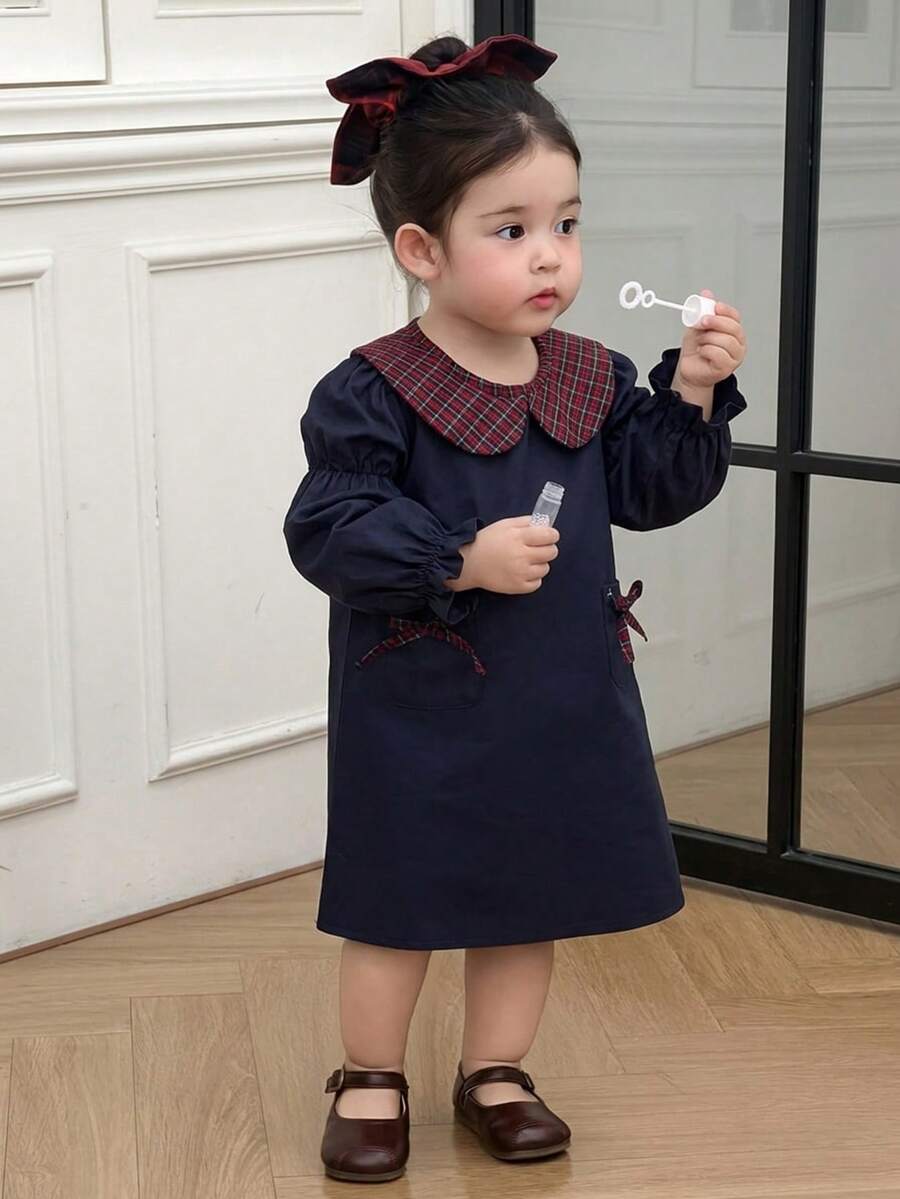 DAZY 女嬰韓式無袖彼得潘領洋裝 幼兒秋季款 - 藍色 - 查看 1