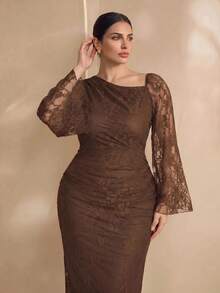 Graceveil Elegant Solid Color Lace Asymmetric Collar Long Sleeve Ruched Fitted Regular Spring/Summer Plus Size Dress - View 3
