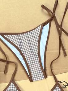 Swim Vcay 2026 Spring/Summer Spaghetti Strap Brown Plaid Random Print Amber Bead + Golden Bead Decor Side Tie Bikini Two Pieces Swimwear Set - Multicolor - View 3