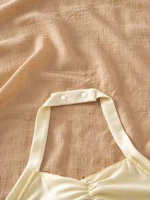 SHEIN Girls' Tank Top And Shorts Set, Featuring A Halter Neck Design, Ruched Detailing And Star And Shell Embellishments On The Top, And Shell And Tassel Details On The Front Of The Shorts. Casual And Simple, Perfect For Everyday Wear In Spring And Summer. - Yellow - View 6