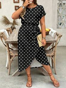 EMERY ROSE Plus Size Women Casual Polka Dot Print Slit Hem Round Neck Dress - Multicolor - View 4