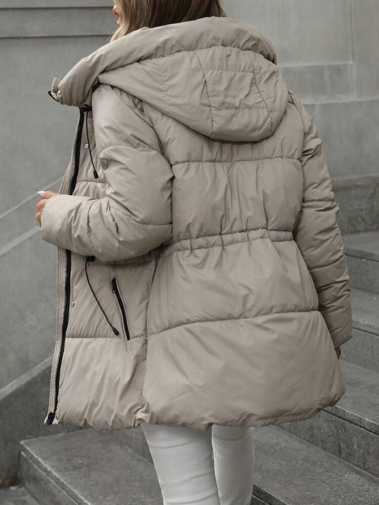Aveloria Modichic 时尚休闲可调节腰部绗缝中长款连帽加厚棉服外套女士冬季服装 - 卡其色 - 查看 8