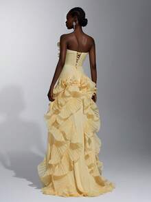 Elitara Elegant Luxurious Beaded Sequin Embroidered Lace Organza Ruffle Hem Backless Mermaid Dress,Suitable For Weddings,Parties,Galas,Formal Events - Pale Yellow - View 3