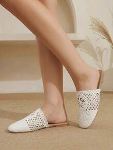 Styleloop Giày bệt nữ mũi tròn đế bằng màu trắng dệt hở gót, giày bít mũi kiểu mule, sandal phong cách boho, phù hợp đi chơi, đi nghỉ mát, hẹn hò hàng ngày, đi biển, du lịch, phong cách thường ngày, giày bệt nữ. - trắng - Xem 2