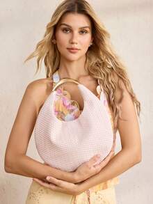 MOTF WOMEN'S FASHION LIGHT PINK WOVEN HANDBAG, EXQUISITE HARDWARE HANDLE, SIMPLE VACATION ROUND BAG, SUITABLE FOR DAILY, COMMUTING, SUMMER VACATION, TRAVEL, PARTIES, WEDDINGS, DRESS MATCHING - Light pink 1 - View 5