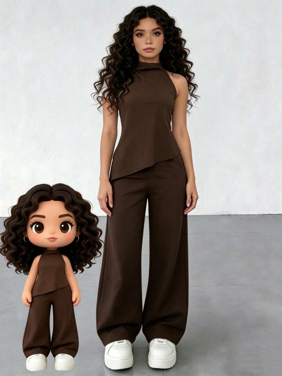 Set Of 2-Piece Halter Neck Top With Chest In Brown Color For Women, Daily Wear Style - Brown - View 1