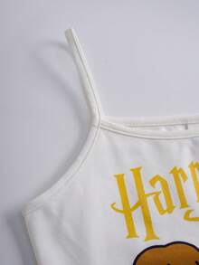 HARRY POTTER X SHEIN Bộ đồ ngủ gồm áo hai dây và quần short in hình hoạt hình dành cho bé gái tuổi teen. - Đỏ - Xem 3